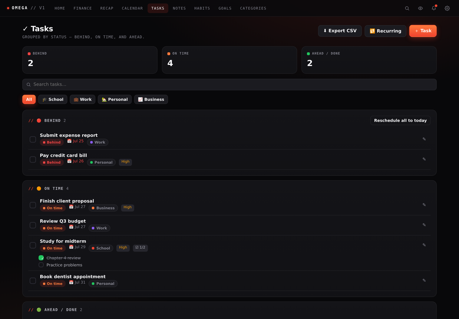 Omega tasks view