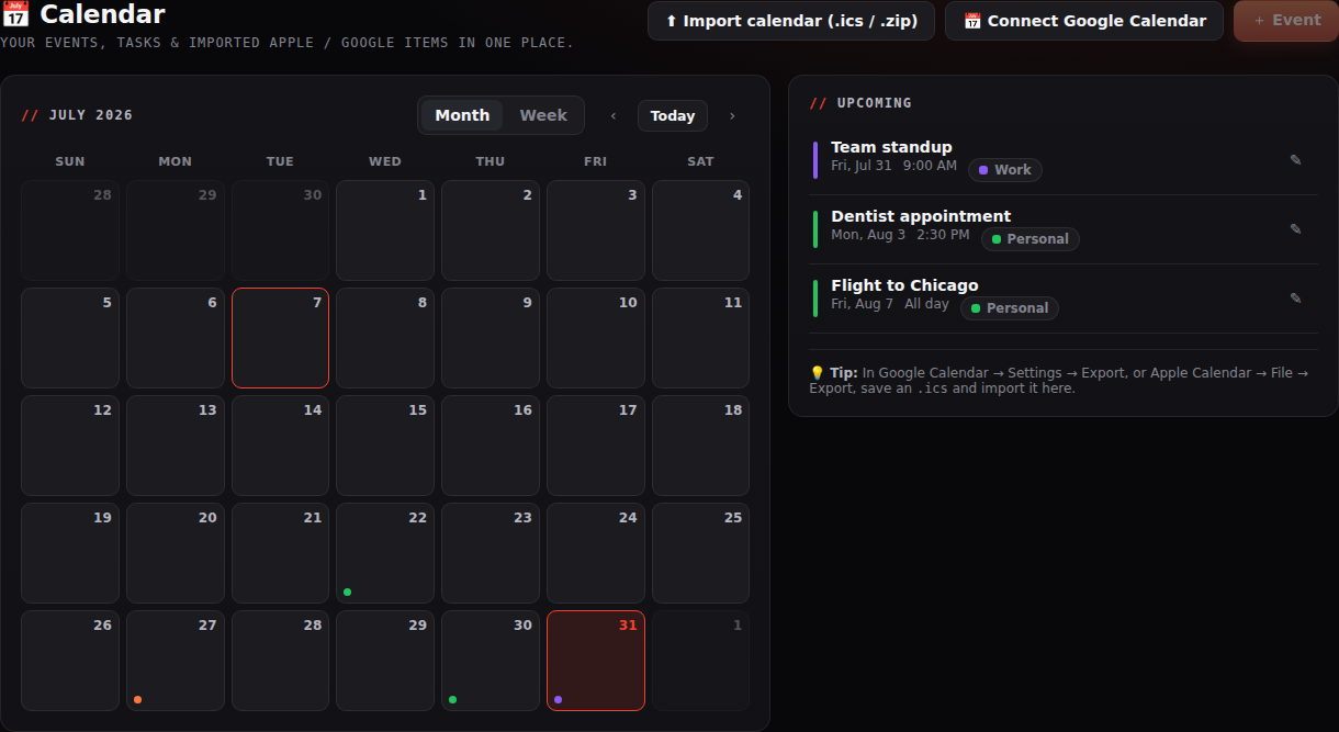Omega calendar page showing a full month grid with upcoming events