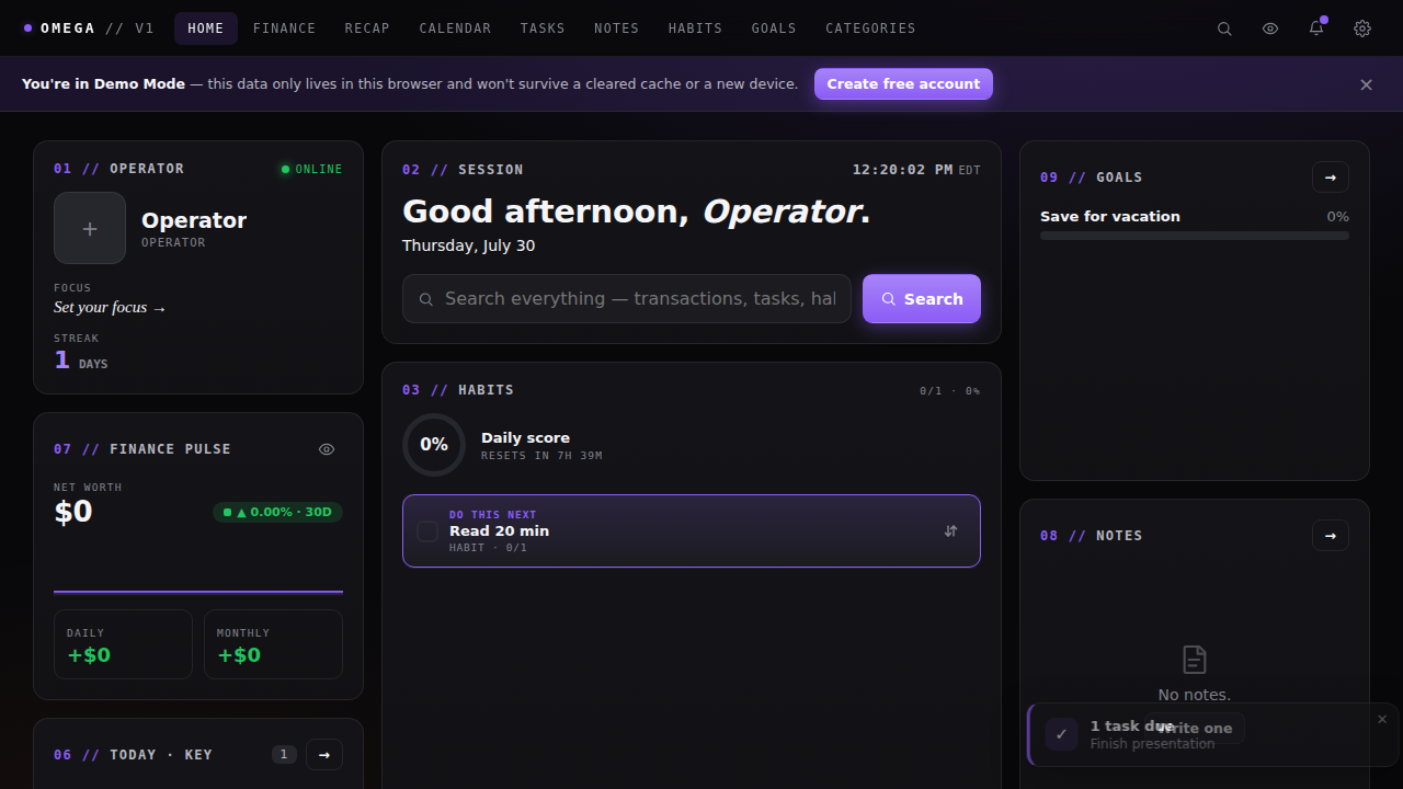 Omega dashboard with a custom violet accent color applied to buttons, badges, and progress bars