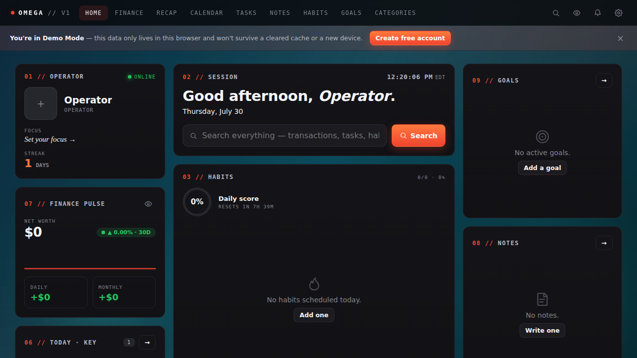 Omega dashboard with a custom teal gradient background image applied behind the widgets