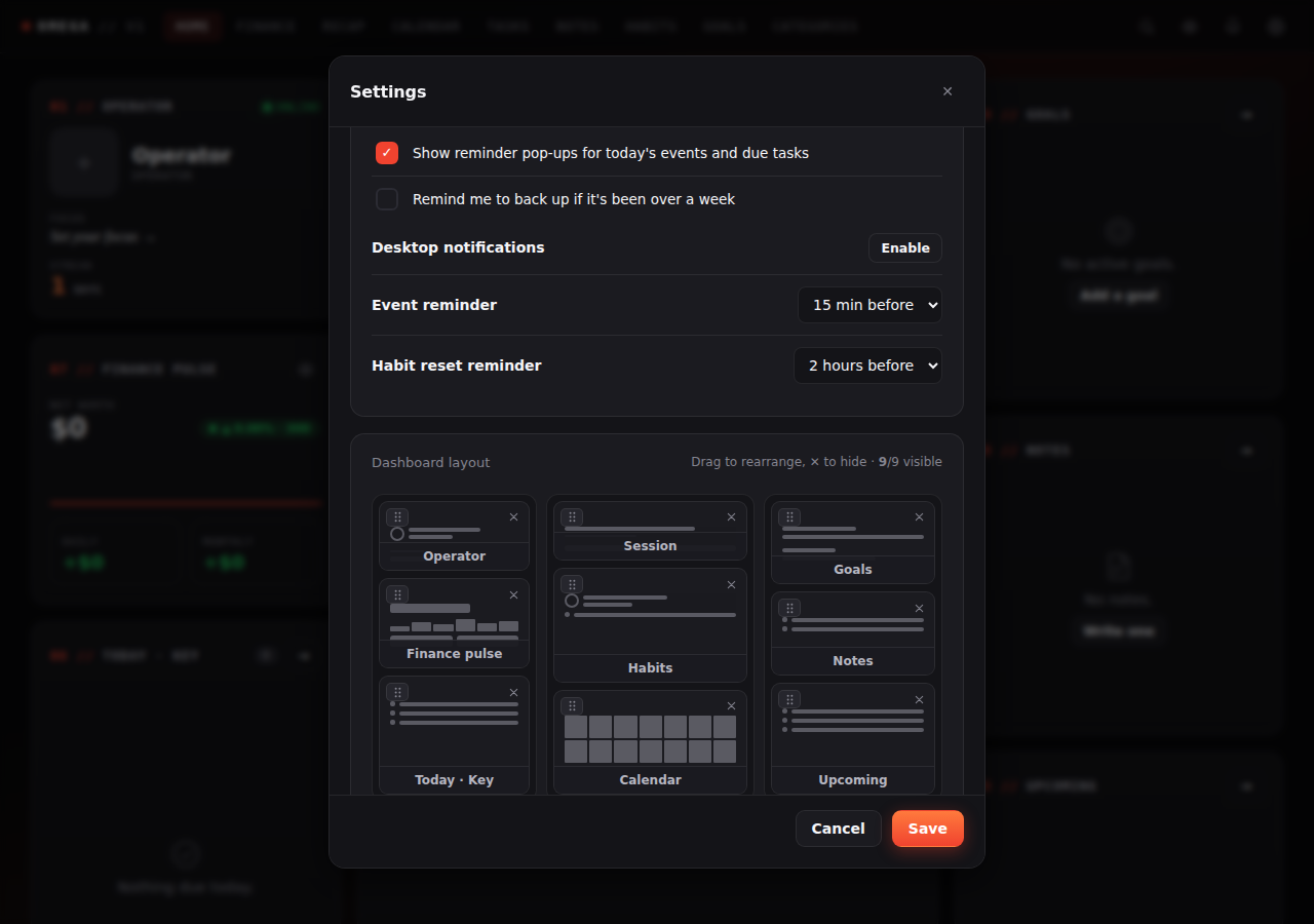 Omega settings panel showing the drag-and-drop dashboard widget layout editor