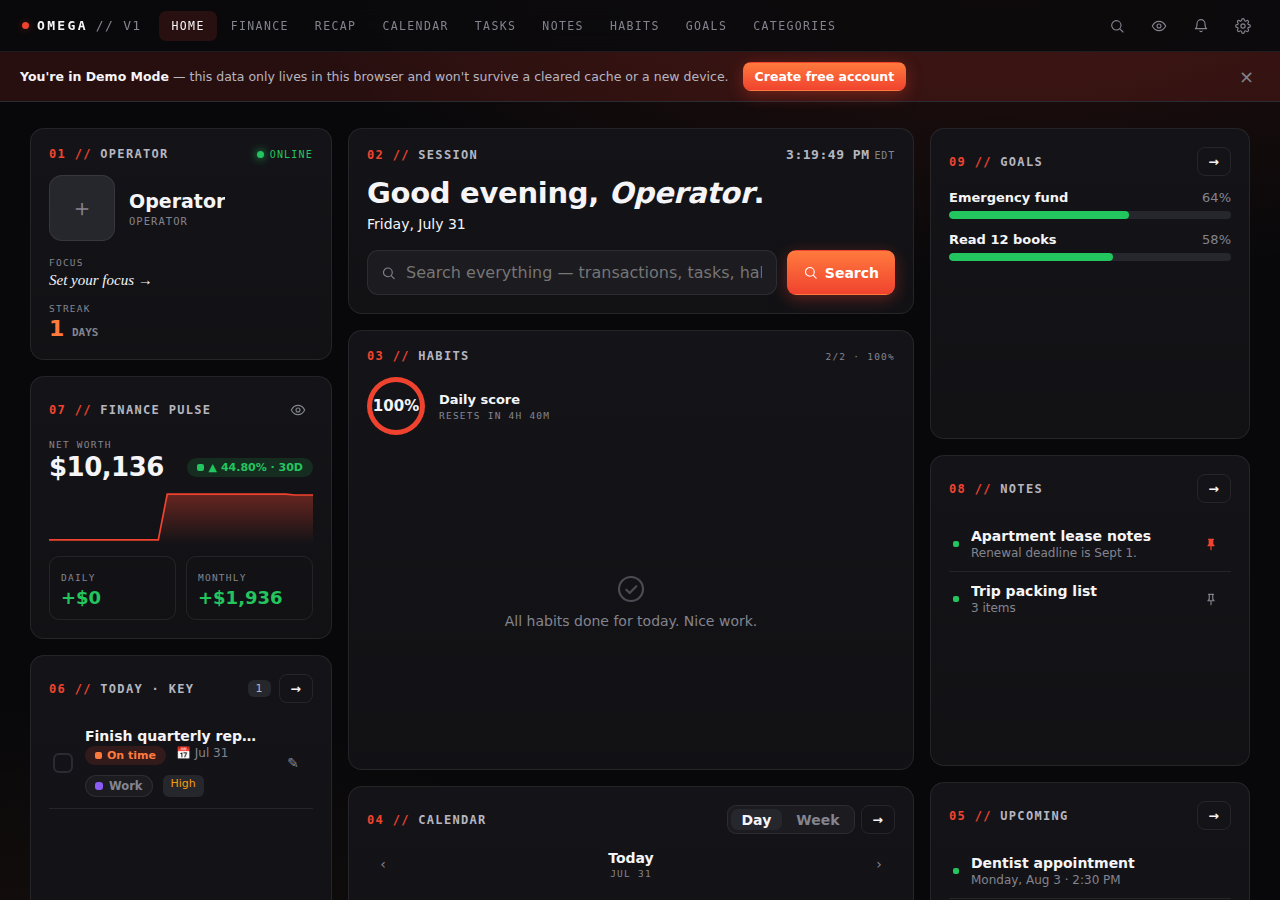 Omega dashboard in dark theme with the default orange accent color
