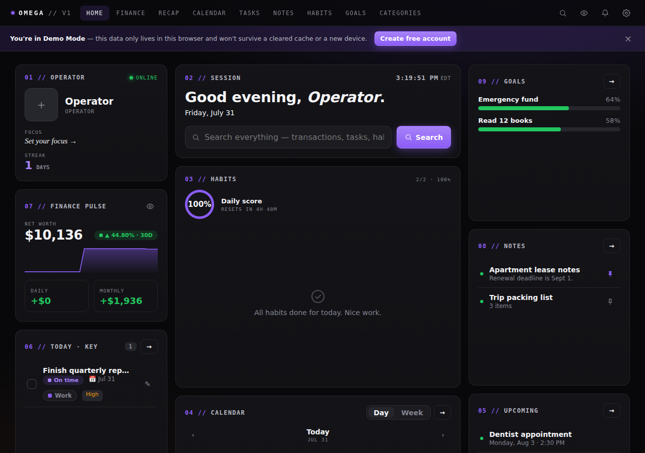 Omega dashboard in dark theme with a custom violet accent color