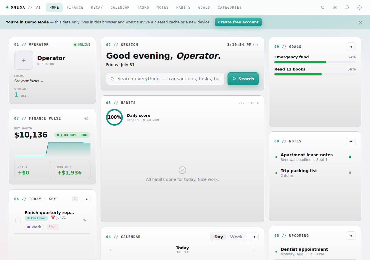 Omega dashboard switched to light theme with a custom teal accent color